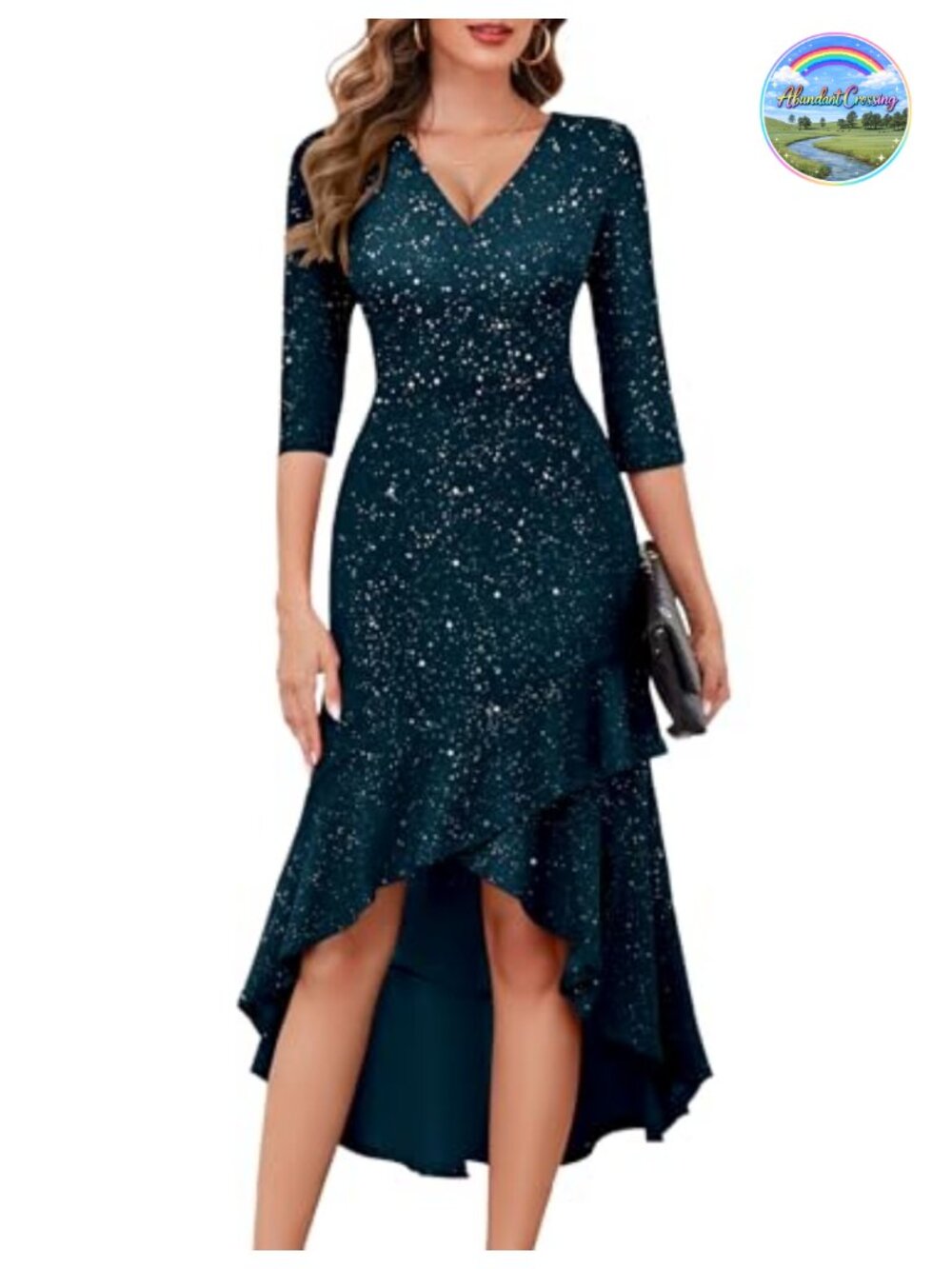 Women's 3/4 Sleeve V Neck Sequin Formal Dress Ruffled High Low Midi